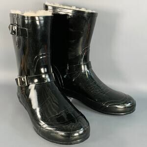 BURBERRY Size 10 Black Rubber Shearling Lined Rain Boots